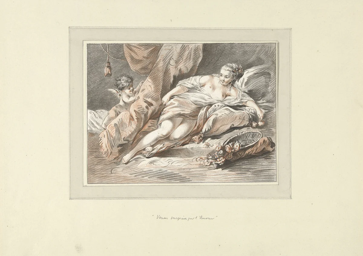 Venus wordt verrast door Cupido by Louis Marin Bonnet, print, 1757-1793