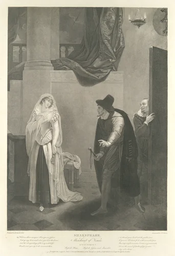 Shylock's House–Shylock, Jessica and Launcelot (Shakespeare, Merchant of Venice, Act 2, Scene 5) by Peter Simon, print, 1795-1852