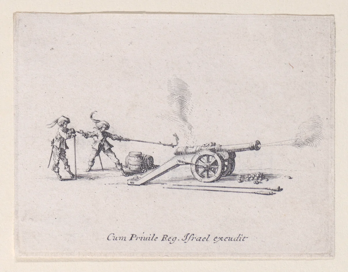 L'Exercice du Canon: Le Tir (Drill of the Cannon: The Shooting), from "Les Exercices Militaires" (The Military Exercises) by Jacques Callot, print, 1635
