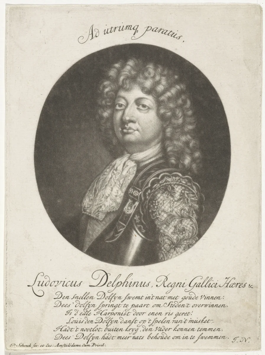 Portret van de Franse koning Lodewijk XIV by Pieter Schenk, print, 1670-1713