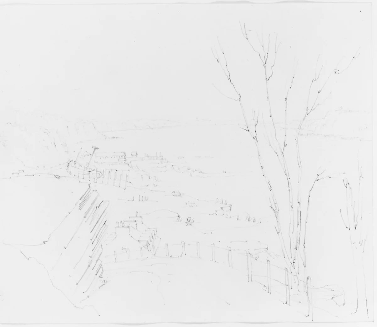 View of Shoreline from Roadway Above (from Sketchbook) by John William Casilear, artwork, 1834-1838