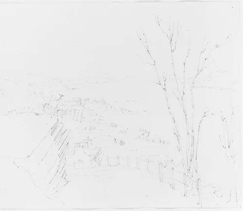 View of Shoreline from Roadway Above (from Sketchbook) by John William Casilear, artwork, 1834-1838