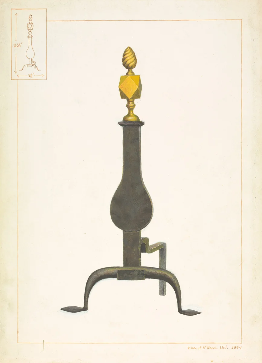Cast Iron and Brass Andiron by Vincent P. Rosel, index of american design, 1938