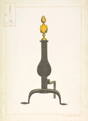 Cast Iron and Brass Andiron by Vincent P. Rosel, index of american design, 1938