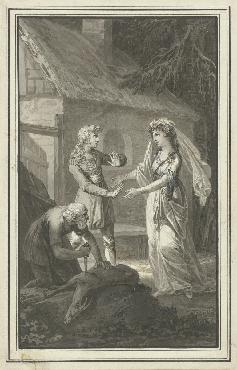 Jong paar en oude man met dode bok by anonymous, drawing, 1700-1800