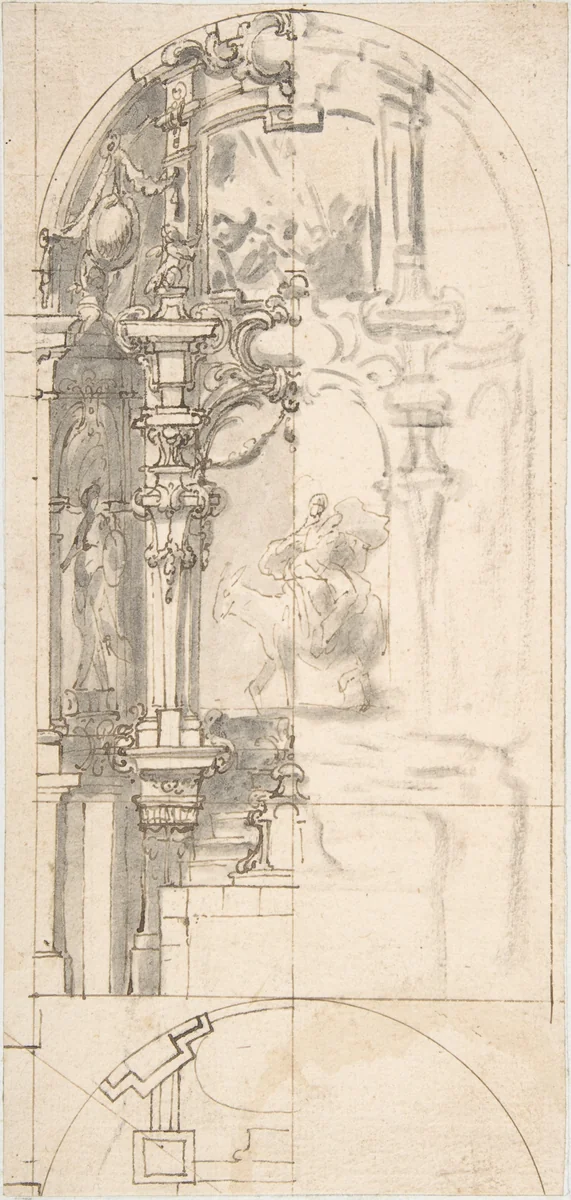 Design for a Chapel with Flight into Egypt as Altarpiece by anonymous, drawing, 1600-1700