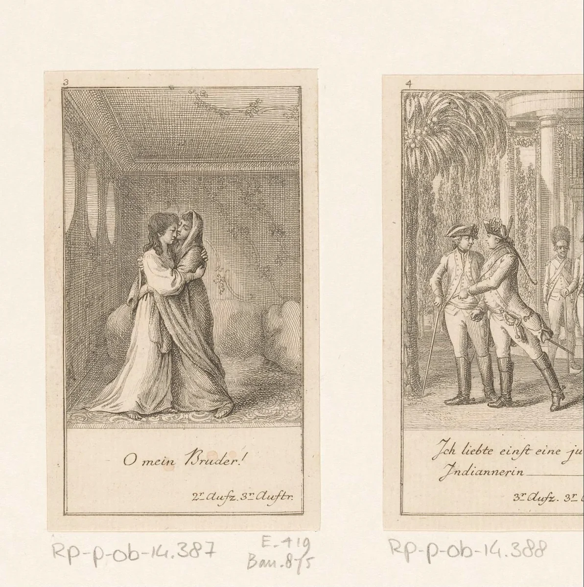 Lanassa herkent in de jonge brahmaan haar broer en omhelst hem by Daniel Nikolaus Chodowiecki, print, 1782