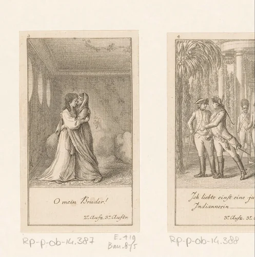 Lanassa herkent in de jonge brahmaan haar broer en omhelst hem by Daniel Nikolaus Chodowiecki, print, 1782