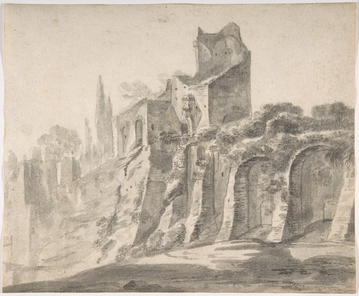 Ruins on the Palatine in Rome by Johann Anton Eismann, drawing, 1645-1655