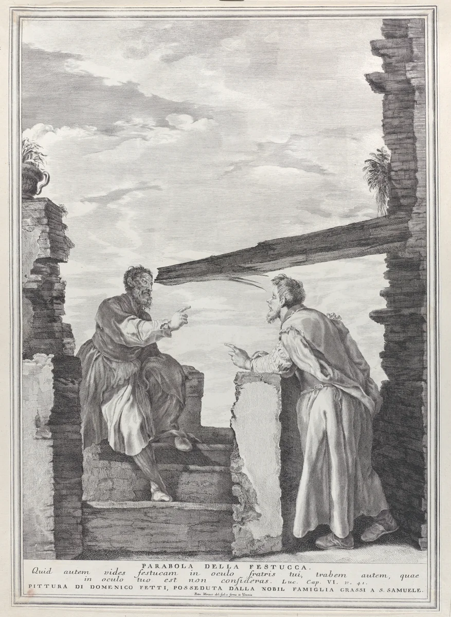 Parable of the mote and the beam by Pietro Monaco, print, 1732-1750