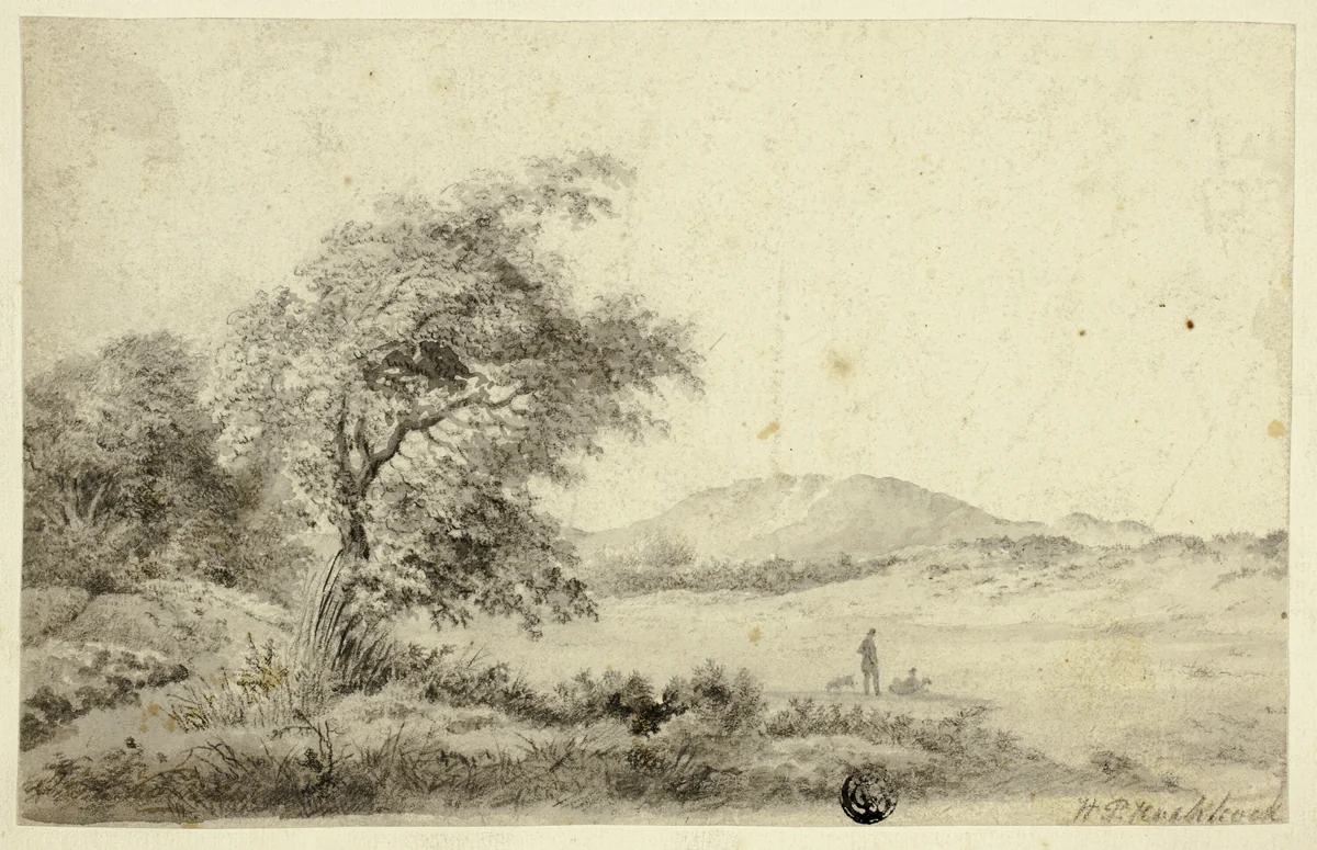 Landscape with Couple and Dog by Hendrik Pieter Koekkoek, drawing, 1863-1890