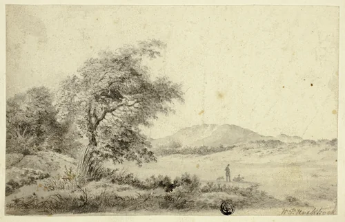 Landscape with Couple and Dog by Hendrik Pieter Koekkoek, drawing, 1863-1890