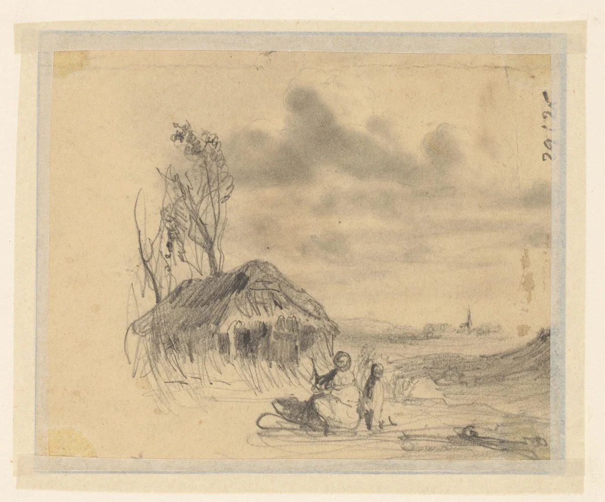Schets van moeder met kind voor boerderij by Eugène François de Block, drawing, 1840