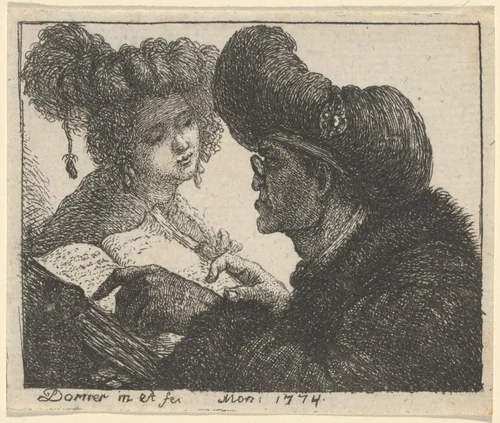 A Man in a Turban Reading to a Young Woman by Johann Jakob Dorner, print, 1774