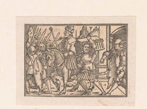 Shishak van Egypte rooft de tempelschatten by anonymous, print, 1552