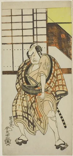 Actors Nakamura Sukegorô II as Sasano Sangobei (Left) and Ôtani Hiroji III as Satsuma Gengobei (Right) in “Green Willow Soga of Erotic Design” (“Iro moyô aoyagi Soga”) by Rantokusai Shundô, print, 1770-1780