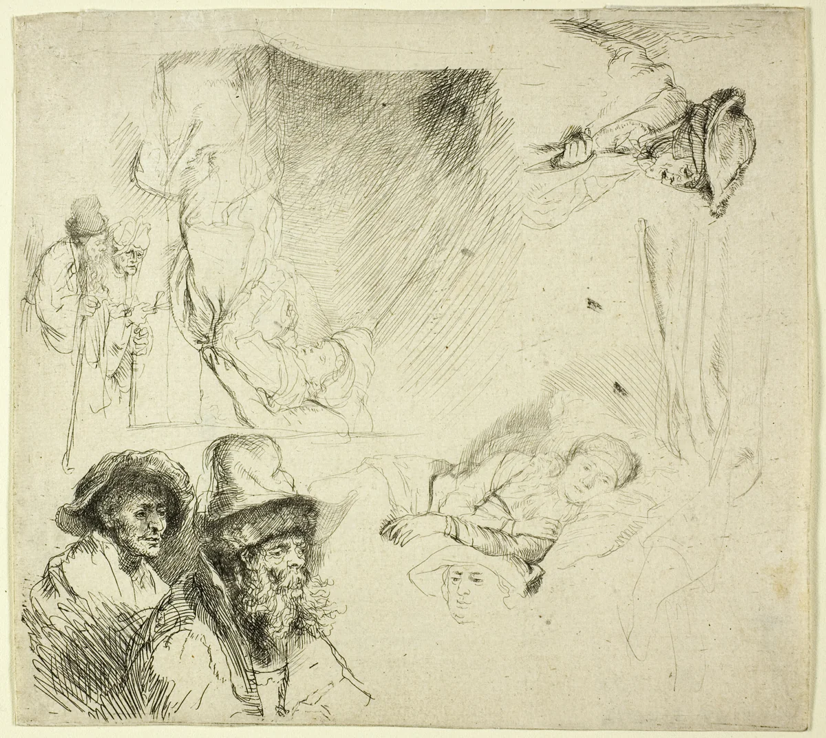 Sheet of Studies, with a Woman Lying Ill in Bed by Rembrandt van Rijn, print, 1634-1644