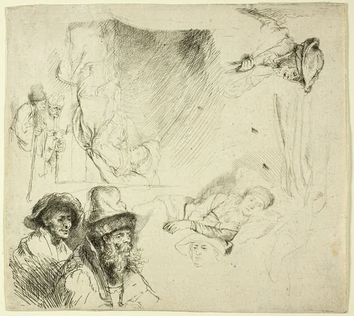 Sheet of Studies, with a Woman Lying Ill in Bed by Rembrandt van Rijn, print, 1634-1644