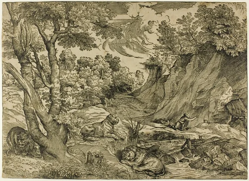 Saint Jerome in the Wilderness by Nicolò Boldrini, print, 1525-1530