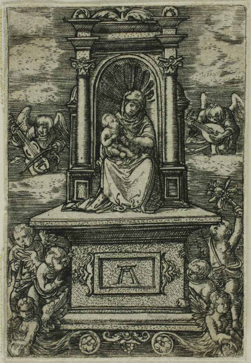 'The Beautiful Virgin of Regensburg' with the Child on a Throne, Surrounded by Angels with Musical Instruments by Albrecht Altdorfer, print, 1514-1524