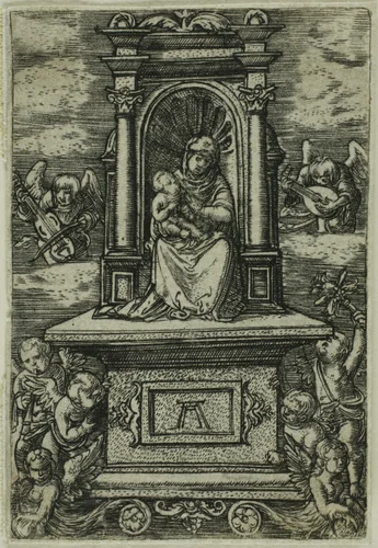 'The Beautiful Virgin of Regensburg' with the Child on a Throne, Surrounded by Angels with Musical Instruments by Albrecht Altdorfer, print, 1514-1524