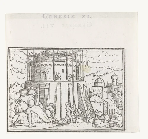 Bouw van de toren van Babel by Hans Holbein, print, 1538