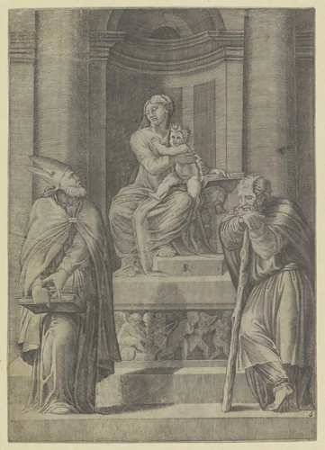 De heilige Jozef en een bisschop bij een altaar met Maria met Kind by Unknown, print, 1498-1532