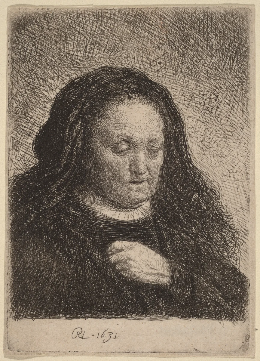The Artist's Mother with Her Hand on Her Chest by Rembrandt van Rijn, print, 1631