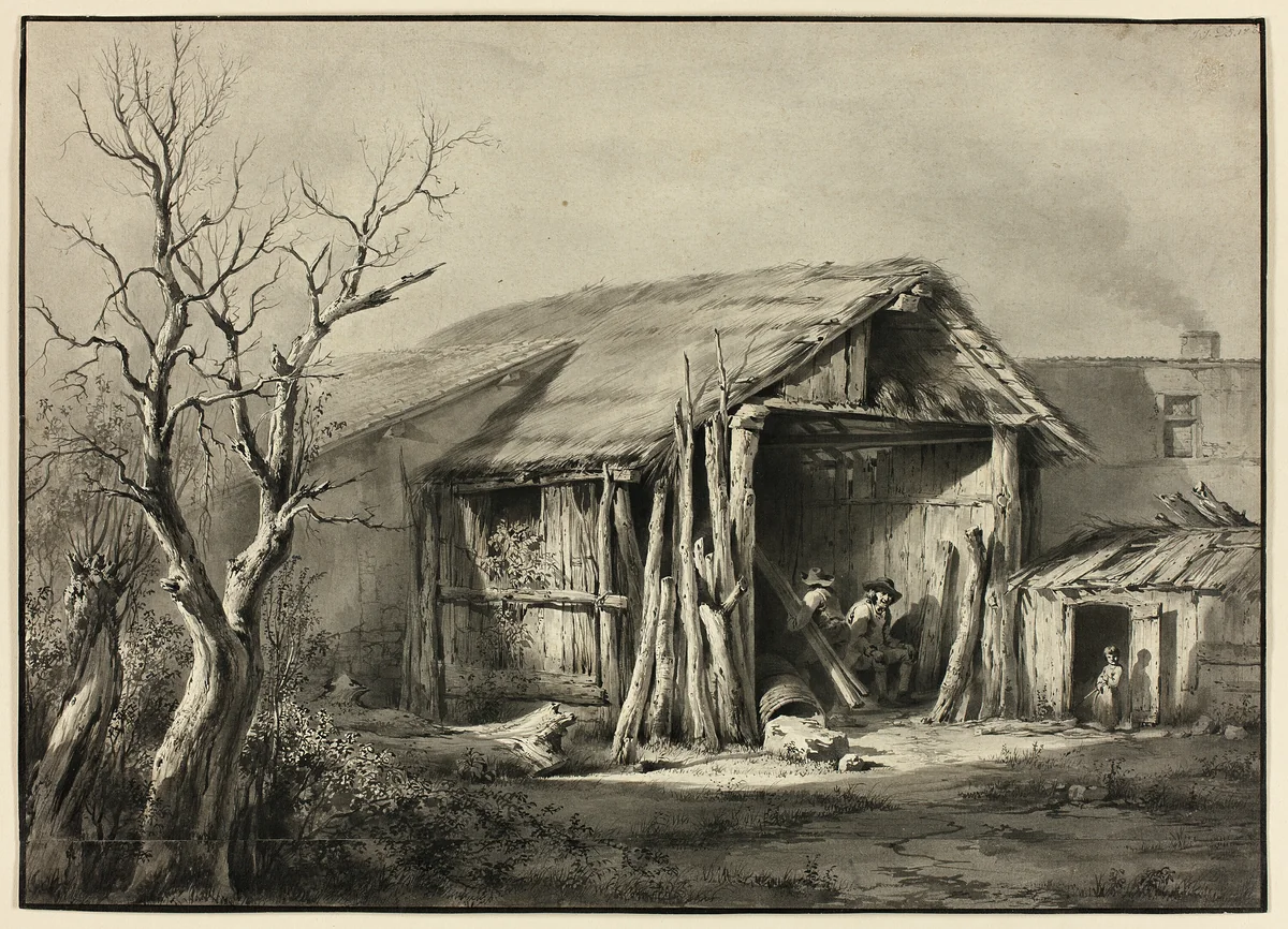 A Peasant Seated in a Shed by Jean Jacques de Boissieu, drawing, 1800-1809