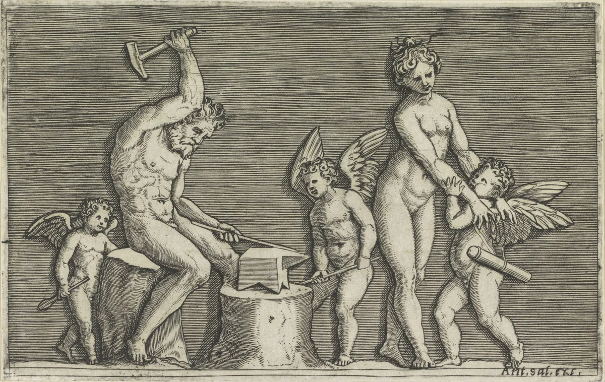 Vulcanus, Venus en drie putti by Marco Dente, print, 1517-1562