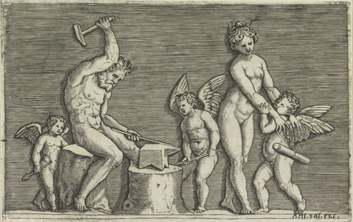 Vulcanus, Venus en drie putti by Marco Dente, print, 1517-1562