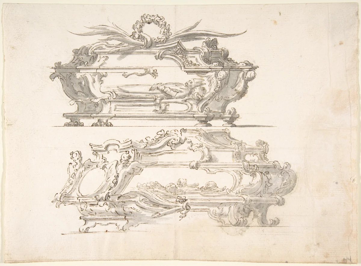 Designs for Two Reliquary Caskets; at top Bishop; at bottom: Skulls and Bones by anonymous, drawing, 1700-1780