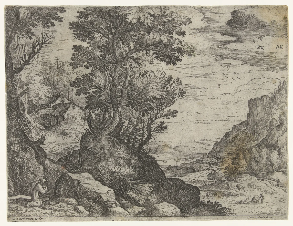 Berglandschap met biddende kluizenaar by Unknown, print, 1582-1626