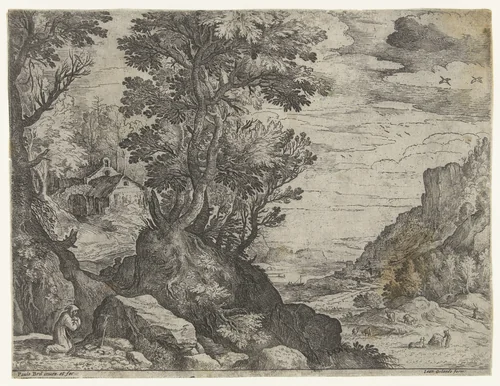 Berglandschap met biddende kluizenaar by Unknown, print, 1582-1626