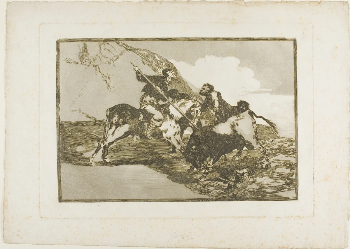 The Way in which the ancient Spaniards Hunted Bulls on Horseback in the Open Country, plate one from The Art of Bullfighting by Francisco José de Goya, print, 1814-1816