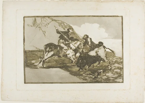 The Way in which the ancient Spaniards Hunted Bulls on Horseback in the Open Country, plate one from The Art of Bullfighting by Francisco José de Goya, print, 1814-1816