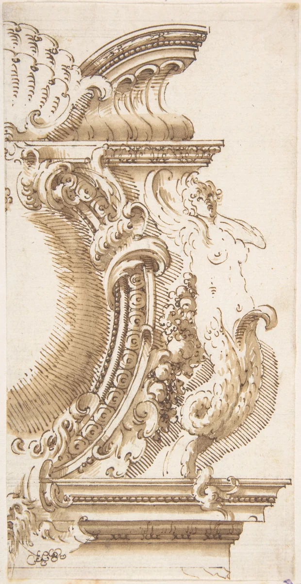 Architectural Design with a Cartouche Flanked by a Siren by anonymous, drawing, 1700-1800