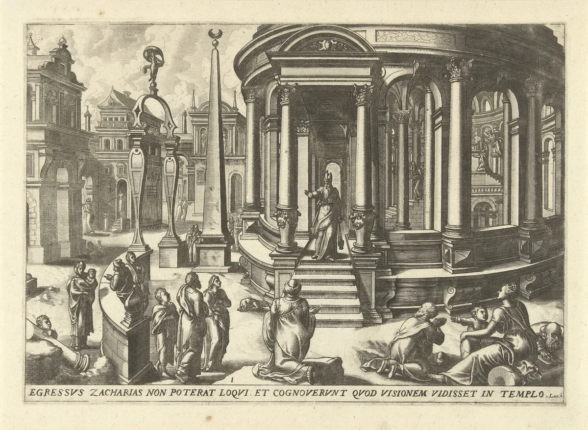 Zacharias op de treden van de tempel by Lucas van Doetechum, print, 1572