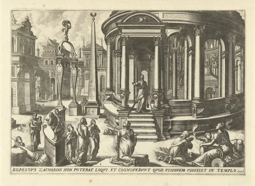 Zacharias op de treden van de tempel by Lucas van Doetechum, print, 1572