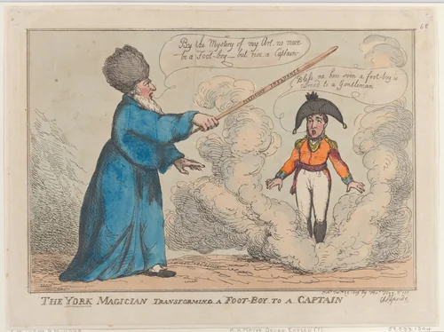 The York Magician Transforming a Foot-Boy to a Captain by Thomas Rowlandson, print, 1809