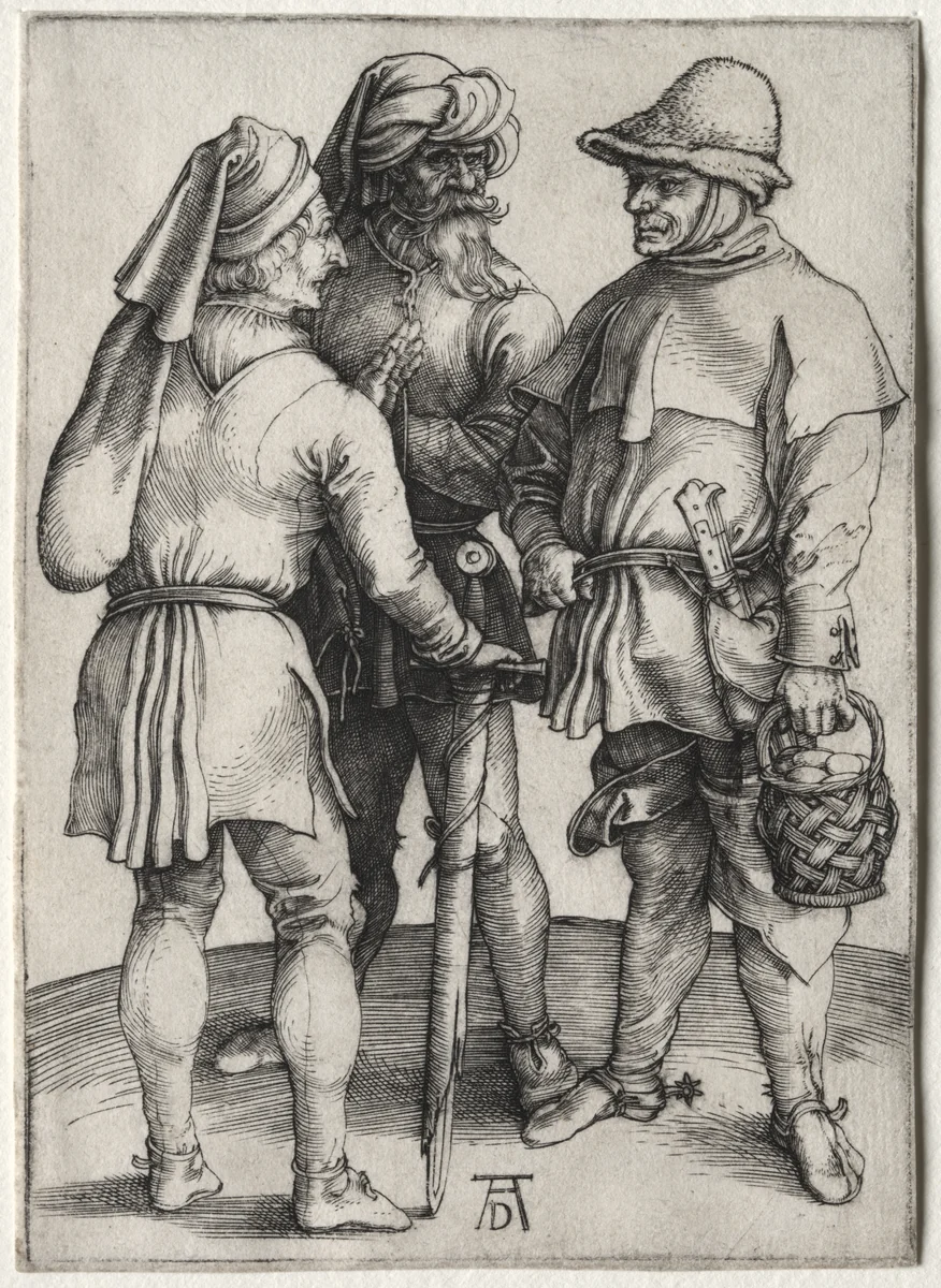Three Peasants in Conversation by Albrecht Dürer, print, 1492-1502