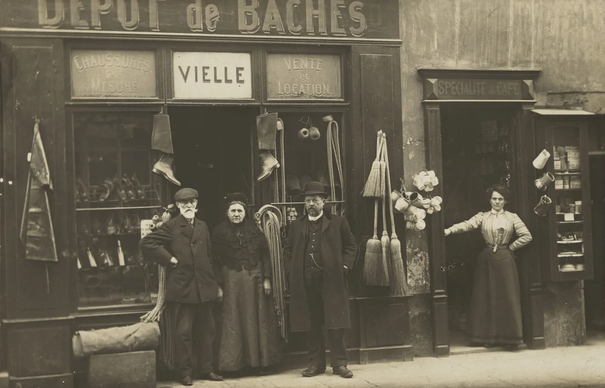 Dépôt de bâches, Vielle, Chaussures sur mesure, Vente et location, Montluçon by Unidentified Photographer, photograph, 1906
