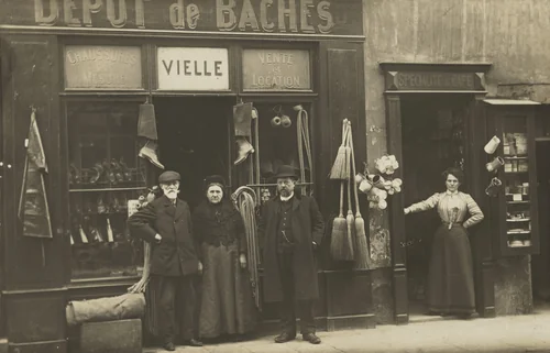 Dépôt de bâches, Vielle, Chaussures sur mesure, Vente et location, Montluçon by Unidentified Photographer, photograph, 1906