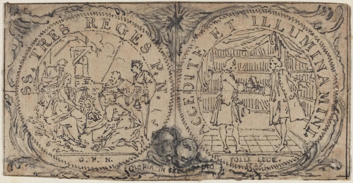Ornamental Medallions with the Adoration of the Magi and Two Bibliophiles by Hubert François Gravelot, drawing, 1737