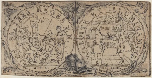 Ornamental Medallions with the Adoration of the Magi and Two Bibliophiles by Hubert François Gravelot, drawing, 1737