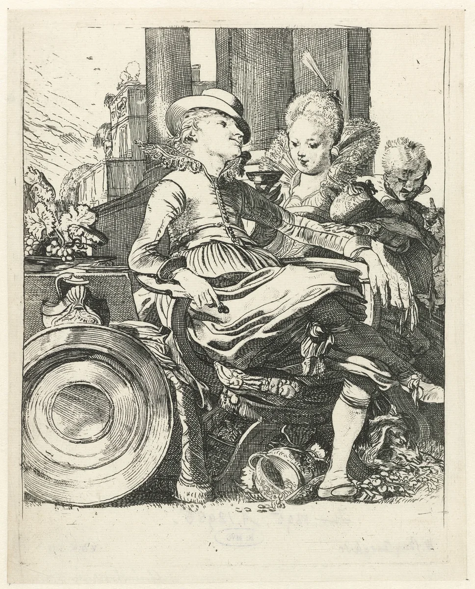 Lucella en Ascagnes als liefdespaar by Willem Pietersz Buytewech, print, 1616