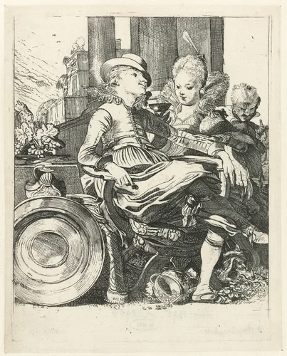 Lucella en Ascagnes als liefdespaar by Willem Pietersz Buytewech, print, 1616