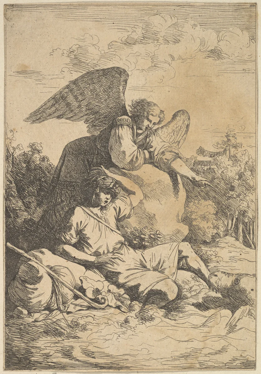 Tobie effrayé par le poisson (Tobias frightens the fish) by Jean Jacques Lagrenée, print, 1762-1780