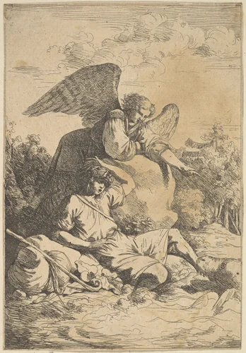 Tobie effrayé par le poisson (Tobias frightens the fish) by Jean Jacques Lagrenée, print, 1762-1780
