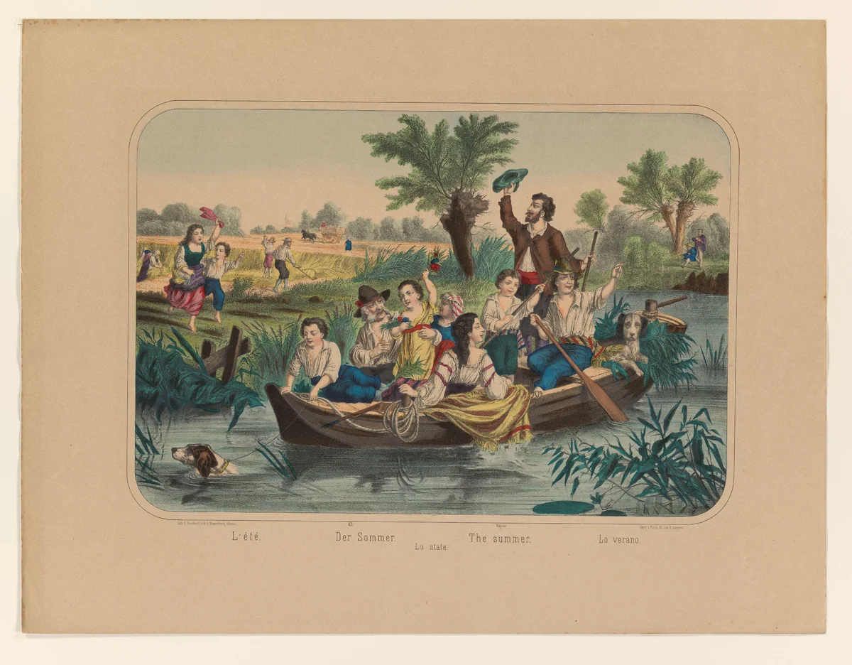 Landschap met passagiers in een roeiboot by anonymous, print, 1825-1875